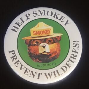 Vintage Smokey Bear Pin Wildfire Prevention Button, 2.49" Diameter
